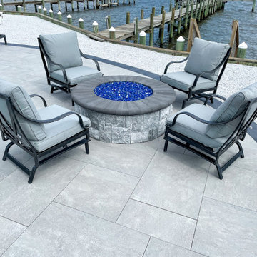 Porcelain Pavers Around the Pool, Marble Wall Tiles on Firepit and Fountain