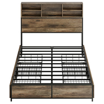 Queen Size Bed Frame with 4 Drawers and Storage Headboard (Brown)