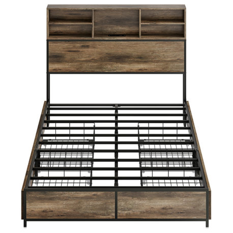 Queen Size Bed Frame with 4 Drawers and Storage Headboard (Brown)