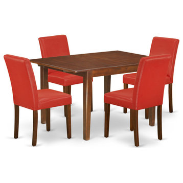 5Pc Rectangle 42/53.5" Dinette Table, Four Chair, Pu Leather Color Firebrick Red