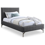 Meridian Furniture - Gallo Vegan Leather Upholstered Bed, Gray, Twin - Indulge in the comfort and luxury of the Gallo Vegan Leather Twin Bed, and transform your bedroom into a haven of relaxation. This exquisite piece boasts a luscious premium soft dark grey vegan leather exterior that exudes elegance and sophistication. Its water-resistant and anti-scratch properties ensure durability and long-lasting beauty. The deep channel tufting adds depth and texture to the overall design, while the sleek black metal legs elevate its character and charm to new heights.