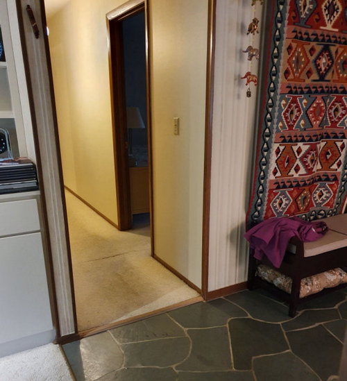 Beige Walls, Warm Brown Trim. Grey Carpeting?