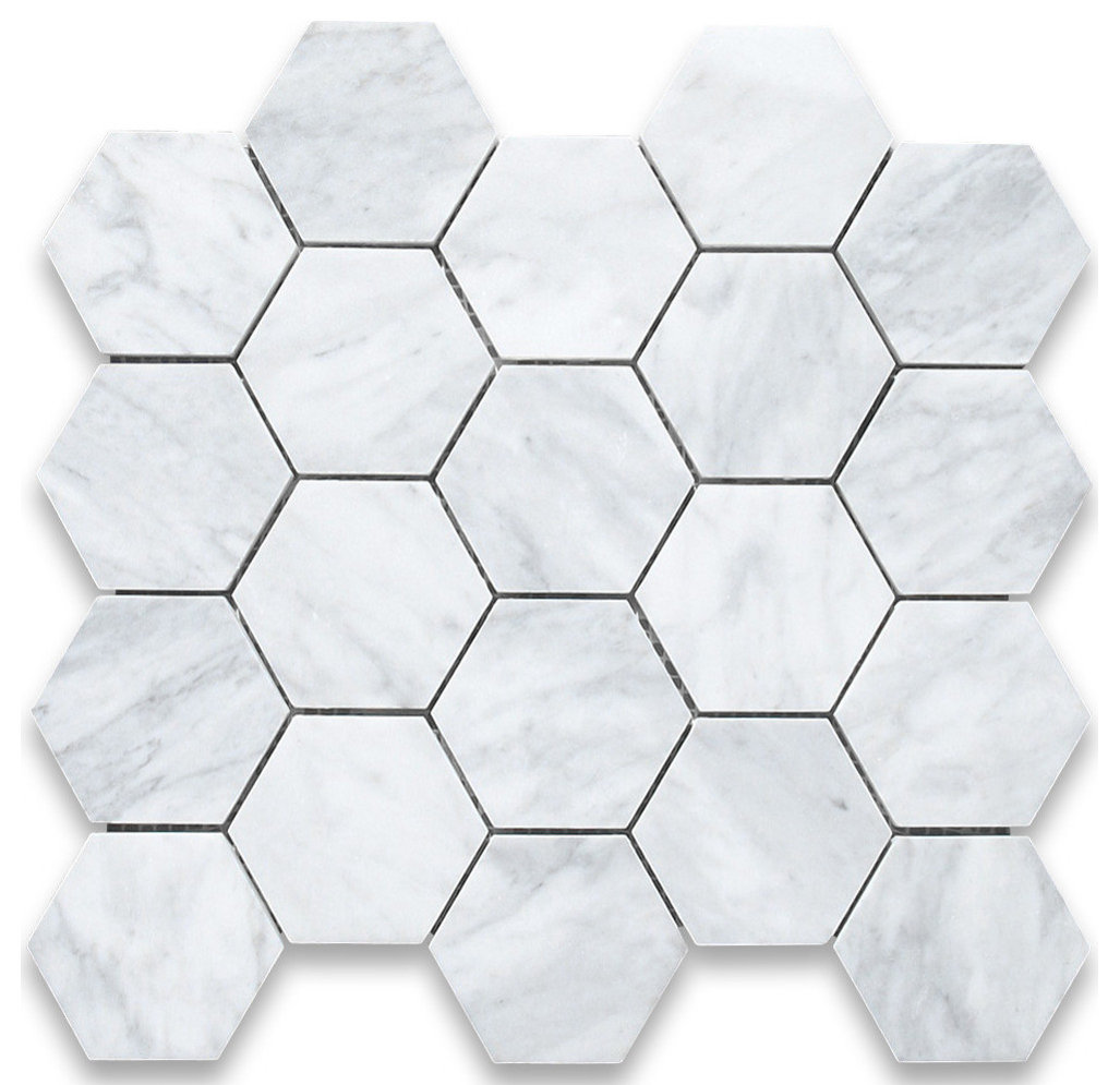 Carrara Marble Hexagon Mosaic Tile Venato Carrera White 3 inch Honed, 1 sheet