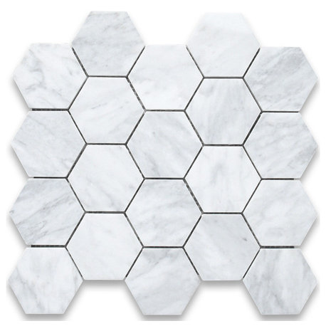 Carrara Marble Hexagon Mosaic Tile Venato Carrera White 3 inch Honed, 1 sheet