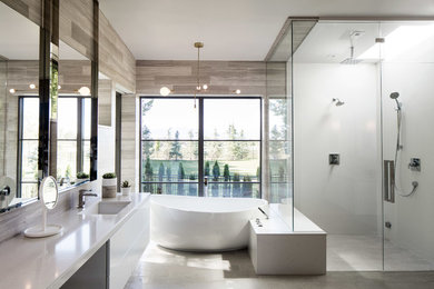Trendy master white tile gray floor bathroom photo in Vancouver with flat-panel cabinets, white cabinets and an undermount sink