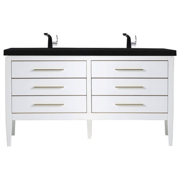 Grace 60" Double Bathroom Vanity Set with Black Sink, White With Brass Trim