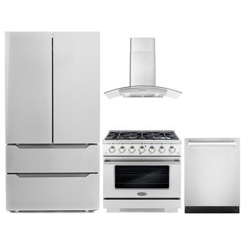 4-Piece, 36" Gas Range, 36" Range Hood, 24" Dishwasher and Refrigerator