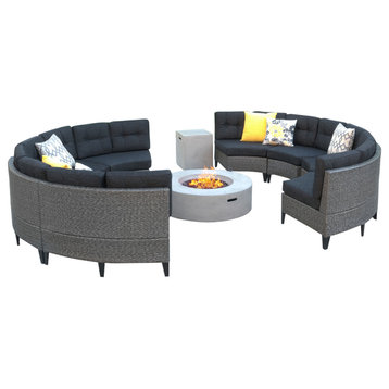 GDF Studio Nessett Outdoor 10Pc Wicker Round Sofa Set With Firepit, Light Gray