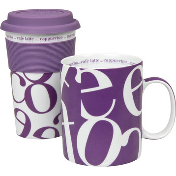 Set of 2 Script Collage Mugs Purple To Stay/To Go
