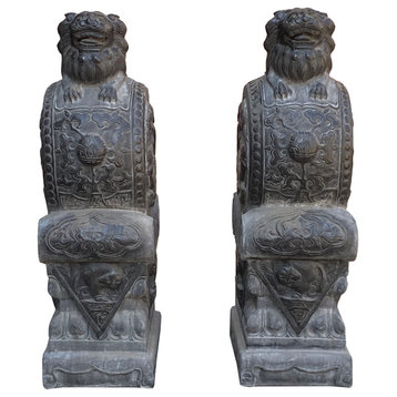 Chinese Pair Black Gray Stone Fengshui Foo Dogs Drum Statues Hcs7219