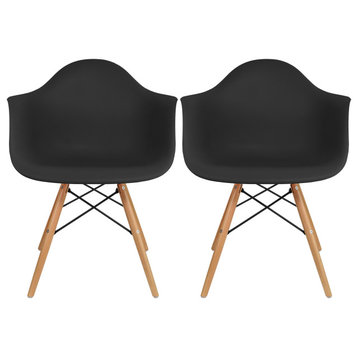 Set of 2 Modern Dining Plastic Side Chairs with Wood Wooden Cross Metal Legs, Black