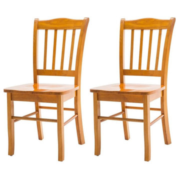 Set of 2 Dining Chair, Rubberwood Frame With Curved Seat & Slatted Back, Oak
