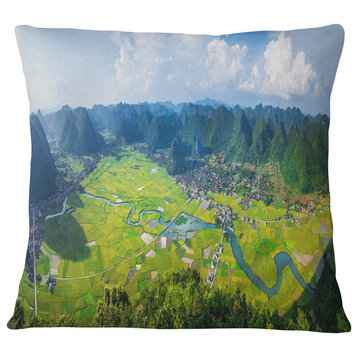 Rice Field Valley Vietnam Panorama Landscape Printed Throw Pillow, 16"x16"