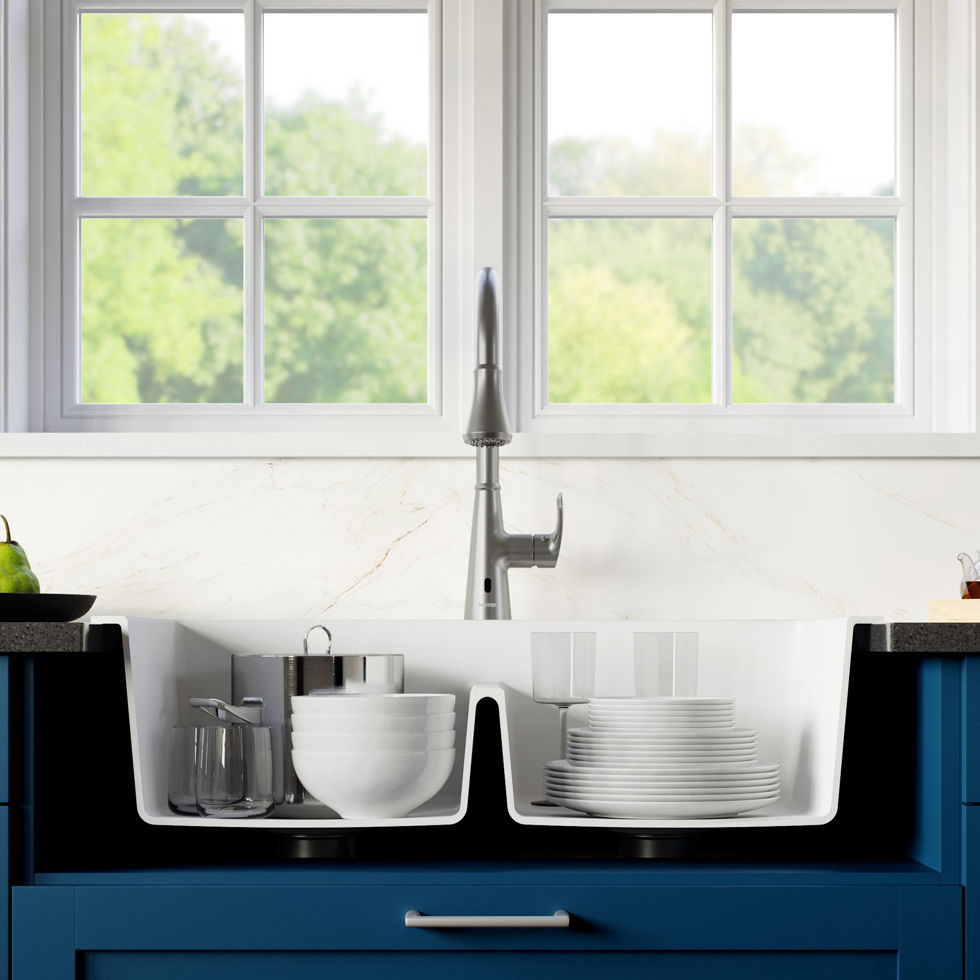 Karran 33" Top Mount Double Equal Bowl Quartz Kitchen Sink, White