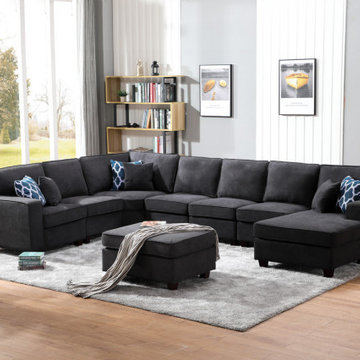 Jocelyn 150" Dark Gray Woven 8Pc Modular L-Shape Sectional Sofa Chaise and Ottom
