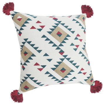 20" X 20" White Burgundy Tan And Teal 100% Cotton Geometric Zippered Pillow