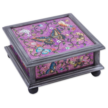 Winter Butterflies, Purple Reverse Painted Glass Decorative Box