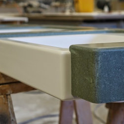Corian Glacier White and Verde vanity top. - Vanity Tops And Side Splashes