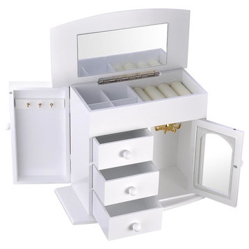 Jewelry Box Case Built-In Mirror Ring Earring Necklace Organizer Storage, White