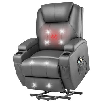 Modern Recliner, Cupholders & Massage Function With Remote Control, Gray