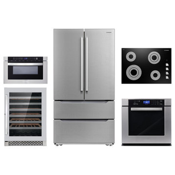 5PC, 30" Cooktop 24" Wine Cooler 30" Wall Oven 24" Microwave & Refrigerator