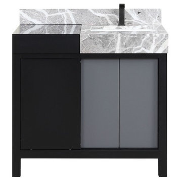 Zilara 36" Black and Grey Vanity, Castle Grey Marble Top, and Faucet Set
