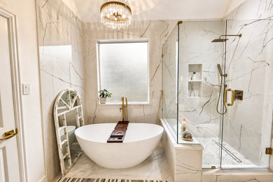Bathroom - mid-sized transitional master gray tile and porcelain tile porcelain tile, white floor and double-sink bathroom idea in Dallas with shaker cabinets, white cabinets, white walls, an undermount sink, quartzite countertops, a hinged shower door, white countertops and a floating vanity