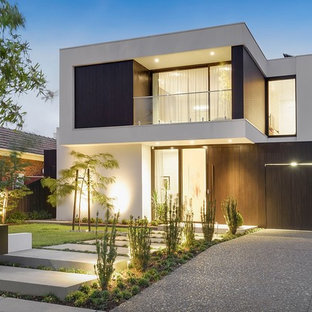 Idéer för funkis vita hus, med två våningar, platt tak och tak i metall