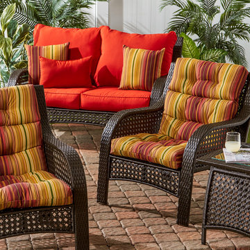 Wicker Woven Lounge Set with Mix and Match Cushions with Bold Red Stripes