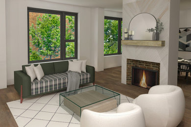 ニューヨークにあるお手頃価格の中くらいなモダンスタイルのおしゃれなLDK (標準型暖炉、ラミネートの床、木材の暖炉まわり、茶色い床、板張り壁) の写真