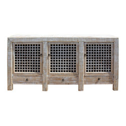 Distressed White Wash Wood Grain Finish Sideboard Credenza Cabinet - Buffets And Sideboards