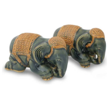 Emerald ElephantCeladon Ceramic Figurines, Set of 2