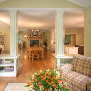 コロンバスのトラディショナルスタイルのLDKの画像 (石材の暖炉まわり)