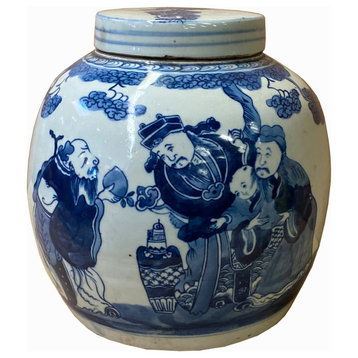 Chinese Blue & White Fok Lok Shou 3 Stars Porcelain Ginger Jar Hws1237