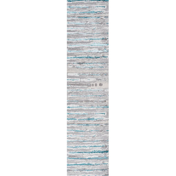 Batten Modern Stripe Area Rug, Gray/Turquoise, 2'x8'