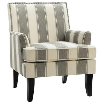 Classic Accent Chair, Padded Seat With Low Arms & Nailhead, White/Gray Striped