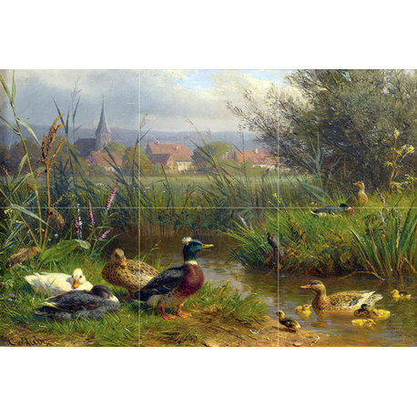 Tile Mural Landscape family ducks river Backsplash 8" Ceramic Matte