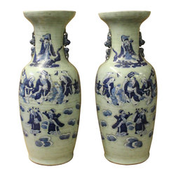 Pair Pale Green Blue Eight Immortal Graphic Porcelain Vases - Vases
