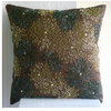 Multicolor Beaded Flower 14"x14" Art Silk Brown Pillow Covers, Floral Spark