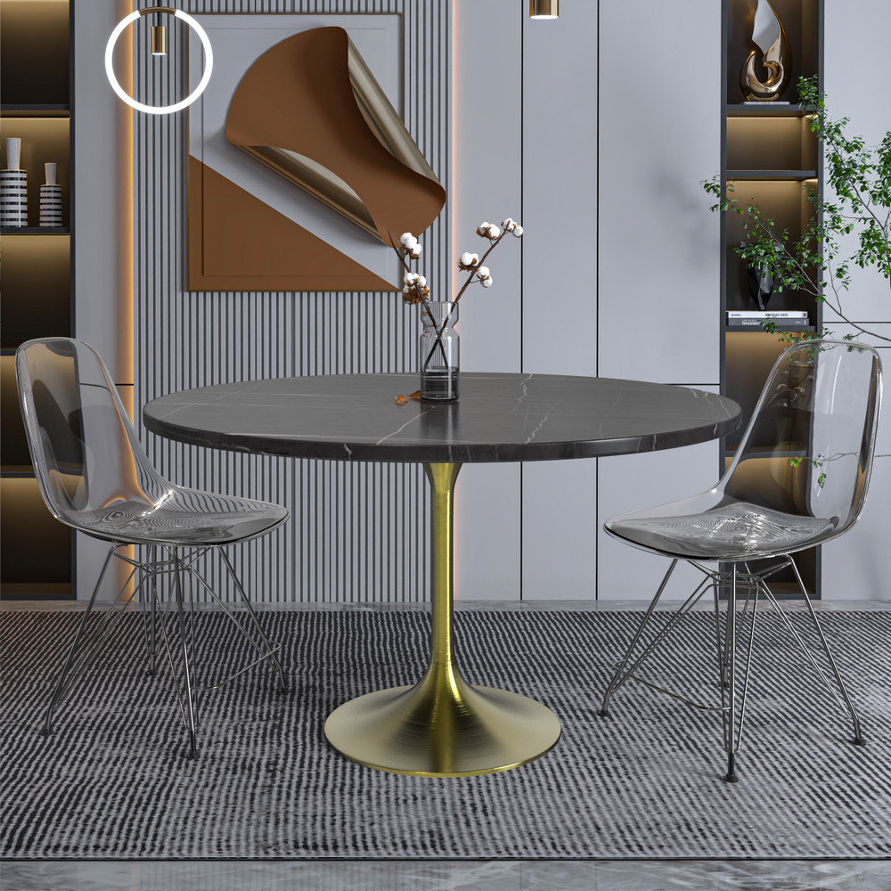 48 Round Dining Table, Brushed Gold Base with Sintered Stone Black Top ...