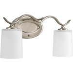 Progress Lighting - Inspire Collection 2-Light Bath Light, Brushed Nickel - Harkening back to a simpler time, the Inspire Collection freshens traditional forms with flowing lines. Brushed Nickel oval metal arms gracefully breeze over and support etched glass shades. Uniquely designed two-light fixture can create different looks as its versatility allows it to be mounted up or down.