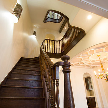 White oak stairs with handrail and wood balusters