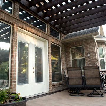 Timber Frame Tiered Pergolas, Deck, Ornamental Metal Railings