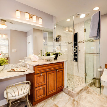 Elegant Master Bathroom Remodel with Quartz-Granite Hybrid Vanity and Spa Shower