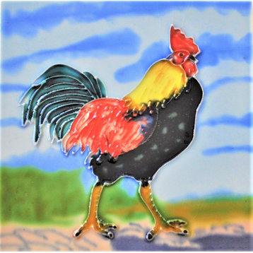 6x6" Black and Red Rooster Ceramic Art Tile Hot Plate Trivet and Wall Decor