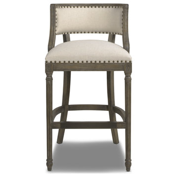 Paris Farmhouse Stool with Backrest, Light Beige Linen, 30.5" Bar Height