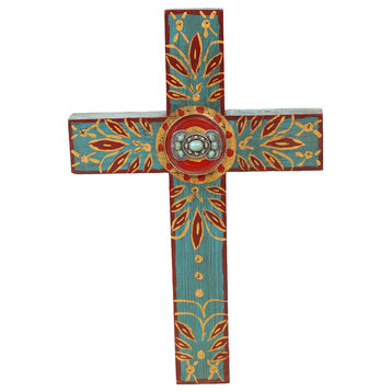 Concho Handmade Wooden Cross 11x17", Turquoise