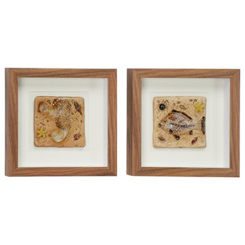 Set of 2 Seahorse & Fish Fossil Shadow Box Wall D???cor in Square Wood Frames