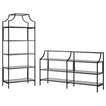 2 Piece Metal and Glass Bookcase and Console Table Set in Black