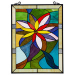 CHLOE Lighting - CHLOE Lighting Colorful Daisy Tiffany Floral Window Panel - If you're looking for a big pop of color to introduce to your home, this is the window panel for you! Featuring every color of the rainbow and then some, this panel is shows a big flower melting off into a bunch of vibrant colors, enclosed in a rectangular shape. This piece is created by the use of over 65 pieces of hand cut, stained art glass and 1 amber glass bead for the center of the flower. Each glass piece is wrapped in a fine copper foil, and soldered together at high heat. It is hand created using the same technique developed by Louis Comfort Tiffany in the early 1900's. Each panel is unique, and is sure to catch everyone's eye with it's gorgeous colors.